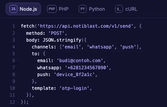 Contoh kode kirim email, WhatsApp & Push Notification lewat satu endpoint API Notiblast